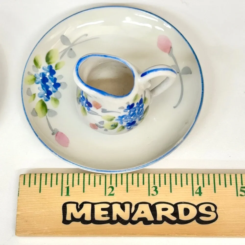 Vintage Japan Miniature Tea‎ Set 4pc Floral Porcelain Teacup Saucer Creamer Blue